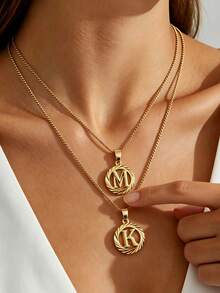 MECYLIFE 1pc Fashionable New Letter Pendant Necklace, Round Hollow Letter Necklace, Women's Daily Wear Jewelry, 26 English Letter Pendant Necklace, Personalized Birthday Gift, Summer Waterproof Jewelry Necklace - Yellow Gold - View 1