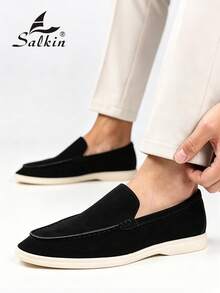 Salkin 經典設計手工男士莫卡辛鞋 平價奢華一腳蹬樂福鞋 寬楦頭 麂皮素食皮革 男鞋 日常休閒 平底開車鞋 多色可選 節日禮物 - 黑色 - 查看 2