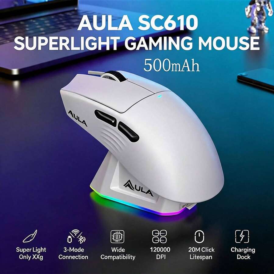 Mouse Gaming Nirkabel AULA SC610 Ringan, Pengisian Daya Magnetik, Lampu Latar RGB, 12K DPI, Sensor PAW3311, 6 Tombol yang Dapat Diprogram, Kompatibel dengan PC, Laptop, dan Mac - View 1