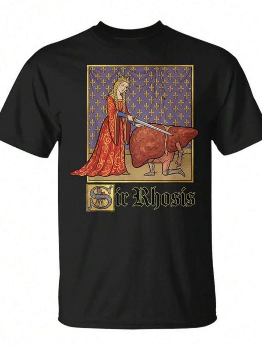 1 Stuks Casual Schattig 100% Katoen Zwart Grafisch T-shirt, Grappig Middeleeuws Sir Rhosis Lever Woordspeling Kunstprint T-shirt met Ronde Hals, Luchtvaart Vakantie Lente Zomer Mo - Zwart - Bekijken 1
