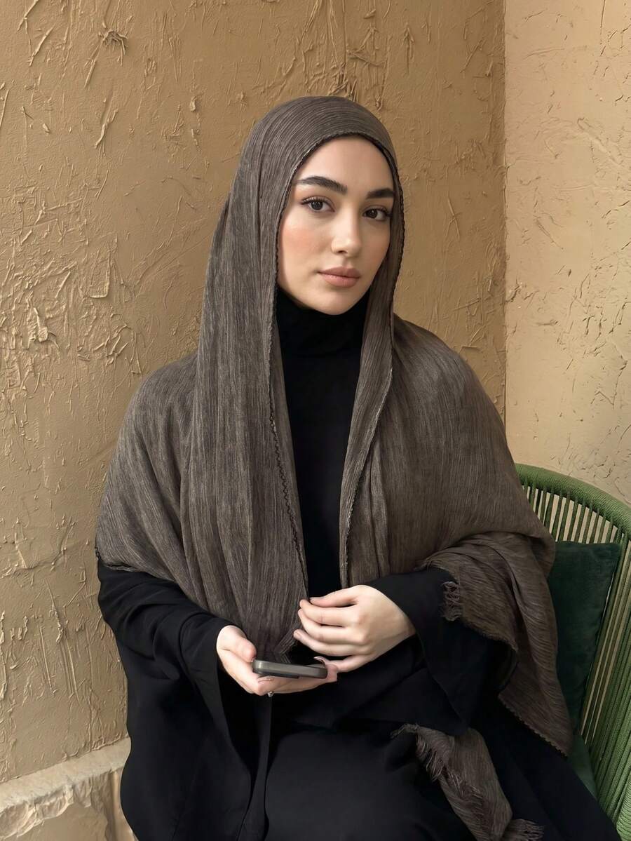 1pc Curved Edge Solid Color Lightweight Casual Long Hijab, Suitable For Daily Wear, Lace Ruffled Hijab - Coffee Brown - View 1