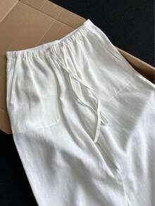 Women's White Linen Wide Leg Pants, Drawstring Elastic Waist Casual Long Pants With Back Pockets, Breathable Summer Vacation Pants - White - View 3