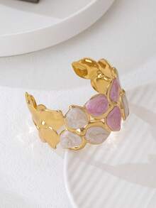 1pc Fashionable Three-Leaf Patchwork Design Geometric Enamel Open Cuff Bracelet For Women, Personalized Exquisite Daily Wear - Yellow Gold - View 6