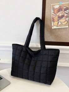 1pc Embroidered Square Grid Women's Handbag, Plaid Embroidery Shoulder Tote Bag, Multi-Functional Quilted Shoulder Bag, Women's Commuter Bag, Multi-Compartment Design, Suitable For Beach, School, Work And Daily Use - Black - View 2