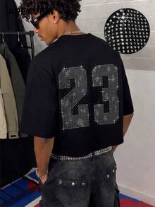 Black Short Sleeve T-Shirt Men's Loose Oversize Fit Back Large 23 Rhinestone Design Street Style Personalized Rhinestone Print Casual Half Sleeve Top - Black - View 2