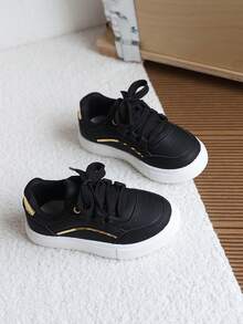 1 Pair Unisex Kids Gold Trim Minimalist Leather White Sneakers, Spring/Autumn New Soft Sole Anti-Slip Casual Skate Shoes, Versatile Campus Commute Sports Shoes For Toddlers And Young Children - Black - View 6