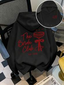 Plus Size Women's Casual 2026 Bridal Club Double-Sided Print Hooded Sweatshirt, With Pockets, Suitable For Wedding Season - Black - View 1