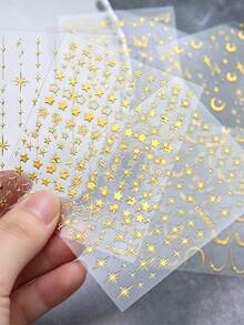6Pcs Y2K Metallic Golden Silvery Star Nail Art Stickers 3D Starry Moon French Line Nail Decals Cyberpunk Gothic DIY Manicure Decoration Sticker - 彩色 - 查看 1