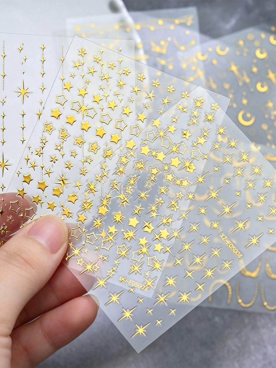 6Pcs Y2K Metallic Golden Silvery Star Nail Art Stickers 3D Starry Moon French Line Nail Decals Cyberpunk Gothic DIY Manicure Decoration Sticker - 彩色 - 查看 1