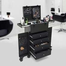 Rolling Makeup Train Case - Stylish Black Cosmetic Trolley With Adjustable Rods, Spacious Storage, And Detachable Wheels For Easy Travel And Organization - Black - View 1