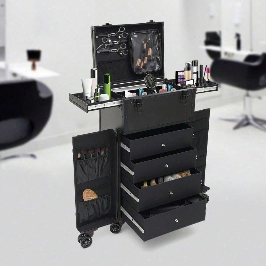 Rolling Makeup Train Case - Stylish Black Cosmetic Trolley With Adjustable Rods, Spacious Storage, And Detachable Wheels For Easy Travel And Organization - Black - View 1