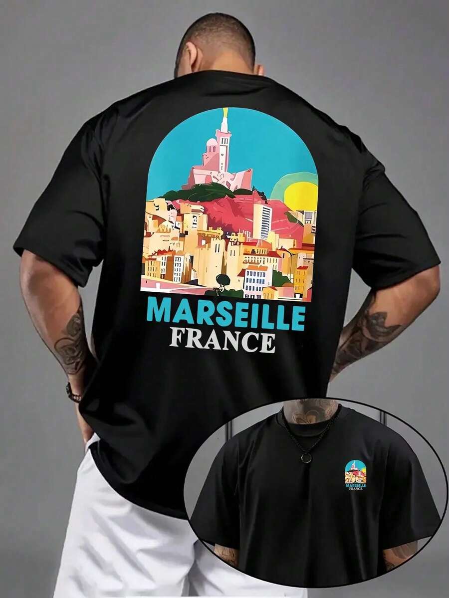 Lässiges Herren-Sommer-T-Shirt mit französischem Motiv – Aufdruck mit Buchstaben und Denkmälern Frankreichs, leichtes Kurzarm-Shirt mit Rundhalsausschnitt in hellrosa Farben - Schwarz - Übersicht 1