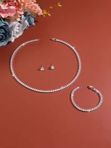 Ensemble de 3 pièces de bijoux style minimaliste de mariée, chaîne de tennis en strass, trois couleurs au choix, ensemble complet avec boucles d'oreilles, collier et bracelet, accessoires pour robe sans bretelles pour femmes, collier pour femmes, boucles d'oreilles pour femmes, bracelet pour femmes, accessoires pour femmes, ensemble de bijoux pour femmes - Argent - Voir 4