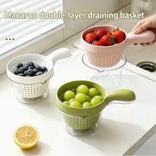 Colador de cocina, cesta redonda pequeña, cuenco para lavar verduras, cesta coladora, estante para lavar y escurrir frutas, cesta filtro para el lado del fregadero, cesta de lavado de doble capa, adecuada para escurrir en la cocina - Multicolor - Ver 1
