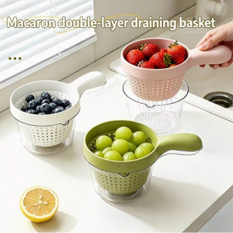 Colador de cocina, cesta redonda pequeña, cuenco para lavar verduras, cesta coladora, estante para lavar y escurrir frutas, cesta filtro para el lado del fregadero, cesta de lavado de doble capa, adecuada para escurrir en la cocina - Multicolor - Ver 1