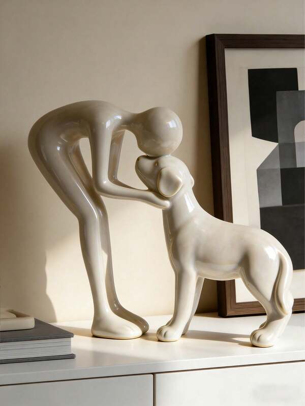 1pc Modern Abstract Resin Sculpture - Lady And Dog Figurine, Minimalist White With Black Speckles Statue, Perfect For Living Room, Bedroom, Office Desk, Coffee Table, Bookshelf, Entryway, Ideal Gift For Pet Lovers, Animal Lovers, Housewarming, Wedding, Birthday, Contemporary Art Decor To Add Warmth And Style To Any Indoor Space