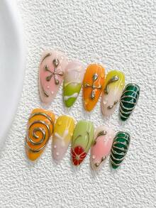 10Pcs Retro Style Handmade Press On Nail,Polygel Nail Set,Floral,Coil ,Color Blocking And Blending,Pink,Green,Yellow,Orange,Red Nail Polish,Simple Style,Includes Nail Tools,3 Sizes Available,Almond,Duck,Coffin Nails For Party,Dance,Daily Wear. - 彩色 - 查看 13