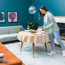 Mantel redondo ZSSWSS de 140/160 cm de diámetro, repelente al agua con textura de lino, resistente a las manchas, lavable, mantel de lino, mantel redondo para exteriores resistente a la intemperie. - Beis - Ver 8
