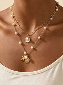2 Styles Hot-Selling Ocean Pearl Chain Bone Chain Starfish Shell Pendant Multi-Layer Stackable Necklace Jewelry - Seashell Starfish - View 5