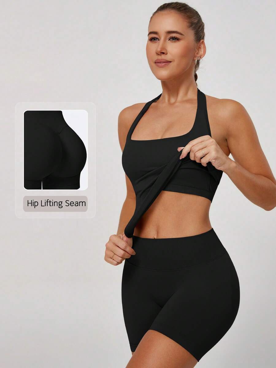 NcmRyu Women's One Set Solid Color Spaghetti Strap Removable Padded Fitted Tank Top And Ruched Shorts Sports Set - Black - View 1