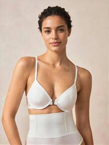 Veilyse 1件白色前扣蕾絲拼接花卉印花露背Bralette，性感鋼圈內衣，女款夏季款 - 白色 - 查看 3