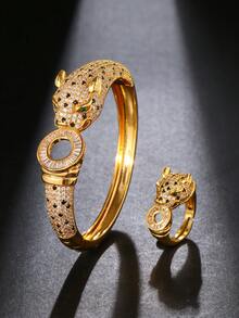 1包/2件裝異國動物頭金豹奢華造型珠寶套組,鑲CZ,適合婚禮派對/浪漫晚餐約會 - 金色 - 查看 2