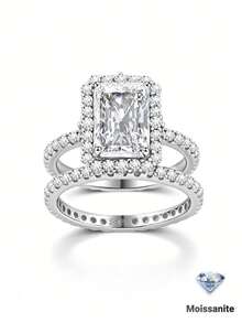 Besthing 2pcs/Set Fashion Glamorous S925 Sterling Silver 5.028CT Moissanite Square Stackable Ring Set For Women, Quality Wedding Ring, Proposal, Wedding, Daily Accessory, Anniversary, Holiday Gift - Multicolor - View 2