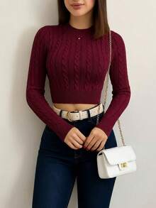 Sayuri Modal Knit Cropped Long Sleeve Braided Blouse For Winter Knitwear - Burgundy - View 2