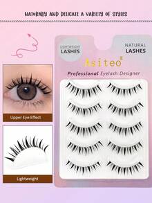 Asiteo 5 Pairs Cartoon Style Pointed False Eyelashes, Full Strip Style Lashes, Dense Transparent Band Invisible False Eyelashes - Black - View 6