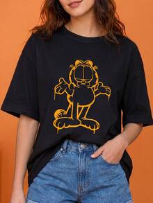 SHEIN | Garfield 女款黑色雙面T恤，滴線卡通貓輪廓與塗鴉字母印花，寬鬆短袖，適合街頭、旅行、女孩日常休閒穿著 - 黑色 - 查看 2