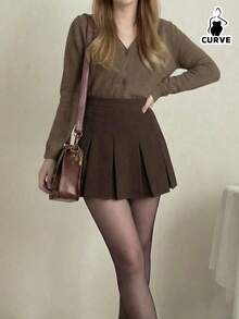 Women's Plus Size Pleated A-Line Mini Skirt, Woven Non-Stretch Fabric, Elegant Autumn Fashion - Brown - View 5