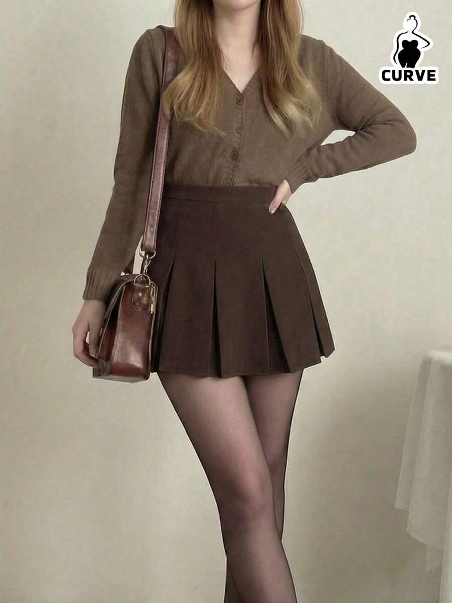 Women's Plus Size Pleated A-Line Mini Skirt, Woven Non-Stretch Fabric, Elegant Autumn Fashion - Brown - View 1