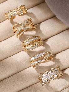 1pc/3pcs/5pcs Luxury Geometric Cubic Zirconia Gold Adjustable Rings Sets,Unique Versatile For Daily Wear,Engagement/Wedding Banquets,Anniversary Gift - Yellow Gold - View 11