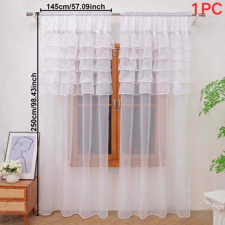 FLYINGCURTAINS 2PCS Rod Pocket Outdoor White Ruffle Sheer Curtains, Rhinestone Trim Light Filter Drapes, For Terrace, Courtyard, Pergola, Lovely Housewarming Gift - Multicolor - View 8