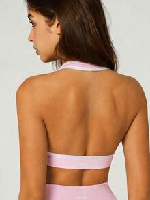UONNOU 1pc Women's Shaping Halter Neck Bra, Sexy Deep V, Cold Shoulder, Backless, Beautiful Back Sports - Pink - View 2