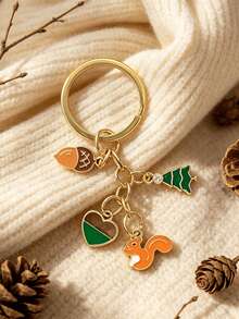 [1pc]Mori Style Squirrel Oil Drop Keychain, Acorn Pine Tree Heart Multi-Charm Bag Pendant, Gold-Plated Mori Style Women's Key Ring, Forest Animal Oil Drop Keychain, Squirrel Acorn Pine Tree Charm Keychain, Fresh Natural Style Bag Pendant, Daily Matching Holiday Gift Accessory - Green + Brown - View 3