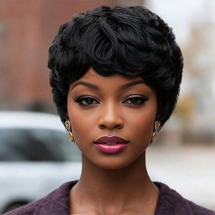 AMECIRE Wig Keriting Hitam Potongan Pixie Wig Rambut Pendek Wanita Wig Rambut Manusia dengan Poni Bentuk Mengembang 4 Inci Topi Jaring Elastis Cocok untuk Pemakaian Sehari-hari