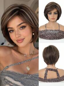 8 Inch Straight Low Curvature Heat Resistant Synthetic Bob Wig Natural Black Layered Side Part Short Wigs For Women Daily Office Wear - Multicolor - View 13