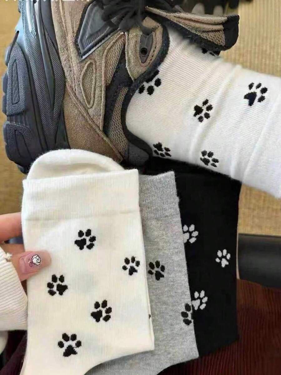 1/3 Pairs All-Season Wearable Cartoon Cute Full-Body Cat Paw Pattern Comfortable Maternity Mid-Calf Socks - Multicolor - View 1