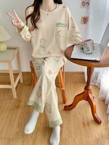 2pcs/Set Women's Pajamas Homewear Set, Round Neck Pullover Simple Casual Cute Rabbit Print Long Sleeve Long Pants, All Season Wear, Easy Care Fabric - Apricot - View 8