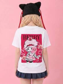 女款夏季 T-shirt，可愛「莓果」印花寬鬆休閒 T-shirt，適合日常穿著與甜美女孩風格 - 白色 - 查看 3