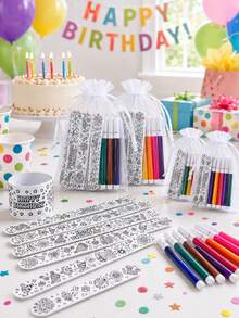 27/9pcs Birthday DIY Coloring Handprint Bracelet Set, Fun Birthday Party Favors, Handmade Activity Gifts And Gift Bag Fillers - Slap Ring + Pen + Mesh Bag - View 4