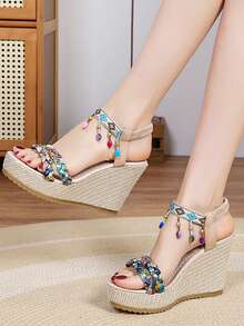 Shiny Rhinestone Bow Silver Elegant Pointed Toe Slimming Women's High Heel Slip-On Slouchy Chunky Heel Pumps - Beige - View 7