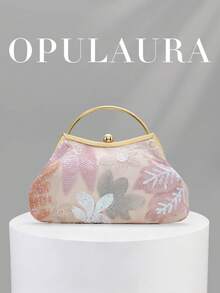 OpulAura 女款精緻迷人花瓣與葉片圖案刺繡晚宴手拿包，夏季粉色亮片設計，適合晚禮服搭配，適用婚禮/度假/正式派對/舞會，附鏈條，隨機圖案形狀 - 粉色 - 查看 3