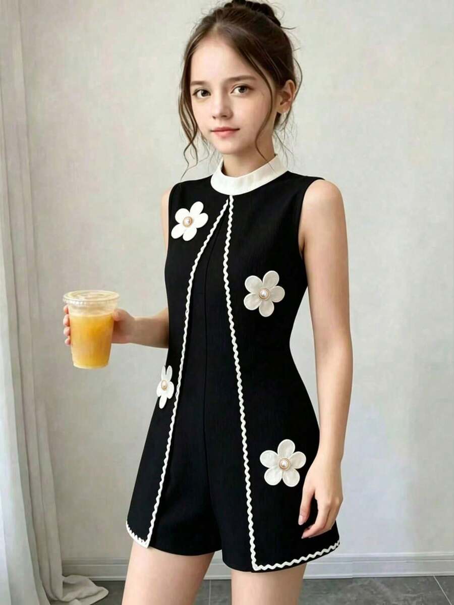 8-12歲女童連身褲,撞色圓花裝飾無袖二合一鈕扣式連身褲,適合夏季海灘度假、戶外家庭出遊、日常穿著 - 黑色 - 查看 1