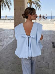 HoloChill Women's Young Influencer Casual Style Solid Color Pleated Sleeveless Top 2026 New Summer Casual Round Neck Loose Tank Top, Women's Spring Clothing, Women's Holiday Party Top, Women's Beach Outfit, Women's Going Out Top, Women's Elegant Top, Summer Vacation Outfit, Fall Top, Back To School - Baby Blue - View 7