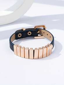 1pc Women's Rock Punk Style Metal PU Leather Bracelet Suitable For Daily Wear (Square Accessory Removable) - Navy Blue 1487 - View 2