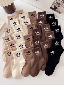 20 Pairs Kids Athletic Crew Socks Back To School, Ribbed Sports Letter Print Breathable Socks For Boys Girls, CoffeeBrownBeigeSchoolWearPack1-16Y - Multicolor - View 8