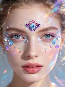 1pc Ocean Shell Style Face Rhinestone Sticker, Flower Shell Pearl Gemstone Sticker, Self-Adhesive Face Decoration Rhinestone, Suitable For Halloween, Music Festival And Various Party Makeup - Multicolor - View 4