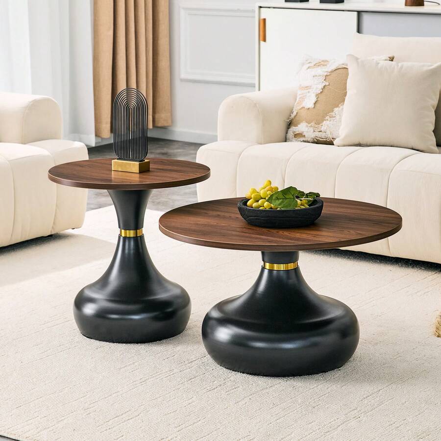 Boho-Style Coffee Table Set (2-Piece)/Melamine Tabletop, Coffee Table With Metal Base/Rustproof And Stable, Stackable/Suitable For Living Room, Bedroom And Office